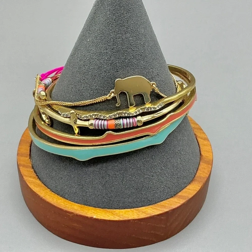 Stella & Dot Bracelet Women Gold Tone Anchor Elephant Enamel Stack Lot 7-8 Inch